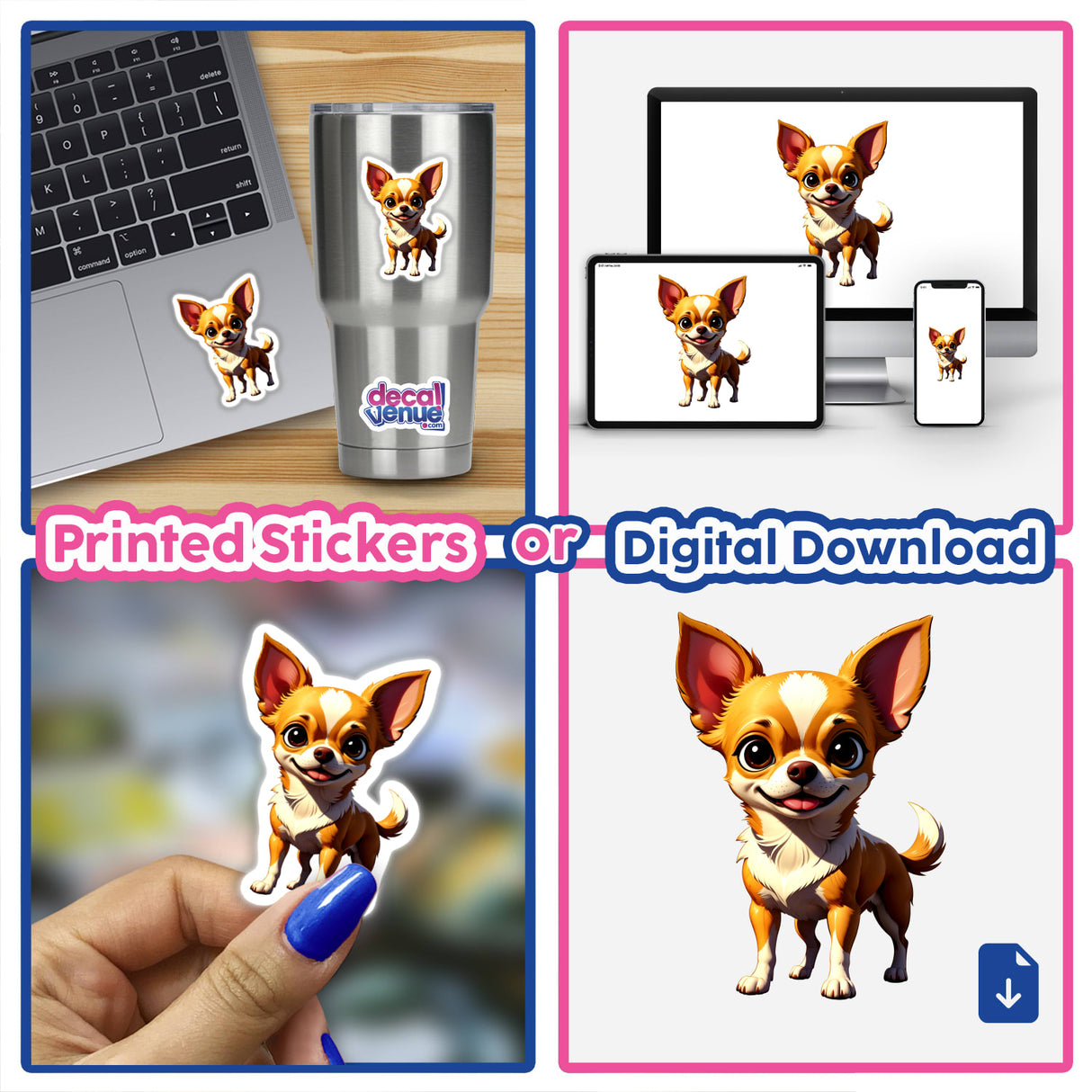 A collage featuring A Cute Chihuahua stickers, showcasing a cartoon dog with big ears on laptops and cups, available as unique vinyl stickers or digital artwork from Decal Venue.