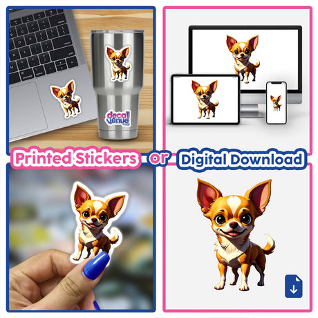 A collage featuring A Cute Chihuahua stickers, showcasing a cartoon dog with big ears on laptops and cups, available as unique vinyl stickers or digital artwork from Decal Venue.