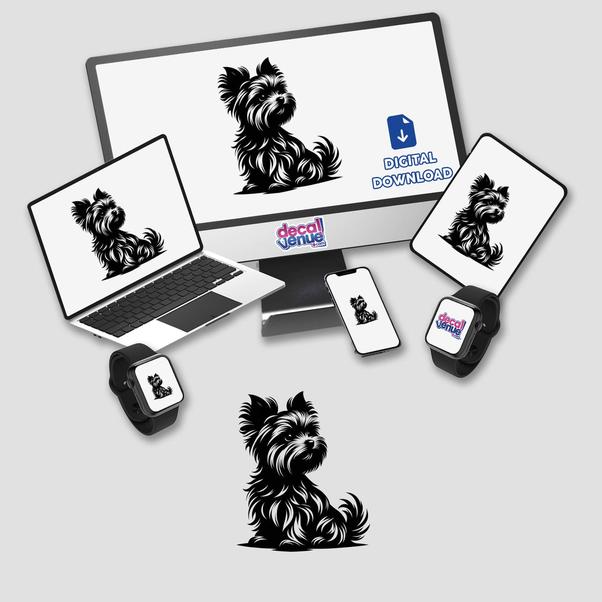 Sitting Silhouette Yorkie Dog displayed on a computer monitor and laptop, highlighting its availability as stickers or digital artwork from Decal Venue.