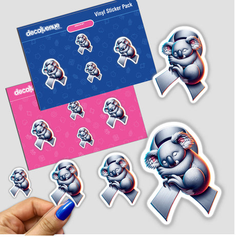 Sleepy Koala Grey Ribbon Brain Cancer Awareness sticker pack featuring koalas holding ribbons, highlighting support for brain cancer awareness. Close-up of a hand displaying one sticker.