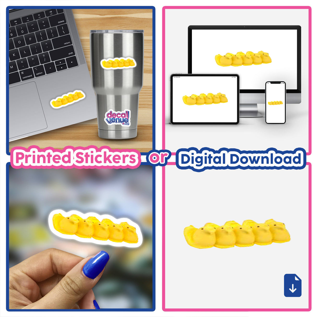 Bright yellow Peeps stickers depicted on a laptop, phone, and in a person's hand, showcasing the product placement and digital download options available at the Decal Venue store, which specializes in unique stickers and digital art.