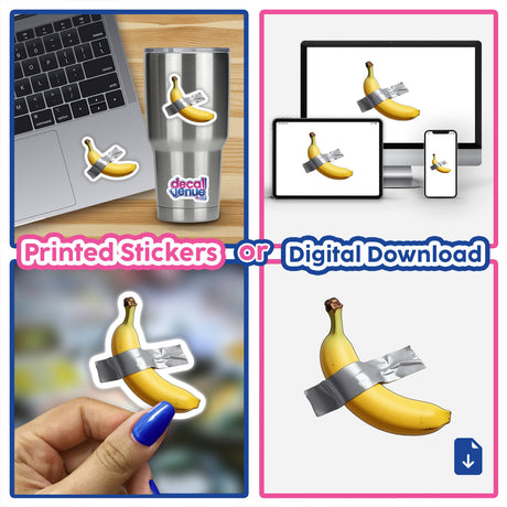 'Banana Duct Tape' artwork featuring a banana humorously taped to a laptop, available as unique stickers or digital art from Decal Venue.