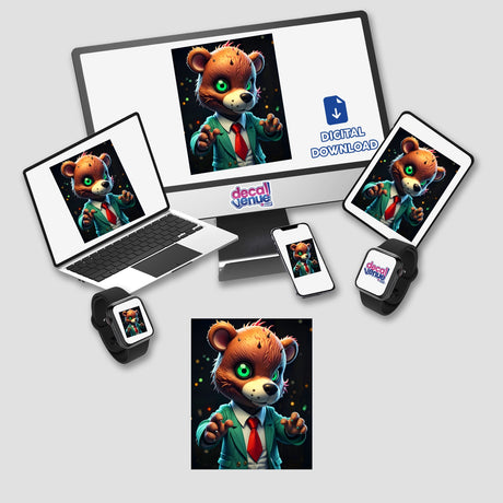 A Macabre Scary Bear cartoon character is displayed on a computer monitor and laptop, available as stickers or digital artwork from Decal Venue.