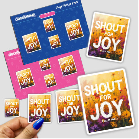 Wallflower Shout for Joy Sticker or Clipart featuring Psalm 100:1, held in hand, showcasing intricate graphic design and available with commercial rights.