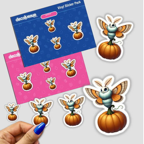 Sticker pack featuring a cartoon moth standing on a pumpkin, ideal for fall-themed projects or Halloween decor.