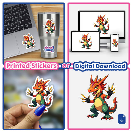Dino Fighter - Cretaceous Crusher collage featuring cartoon dragons on laptops, cups, and as stickers, showcasing this unique digital artwork from Decal Venue. Available as stickers or digital downloads.
