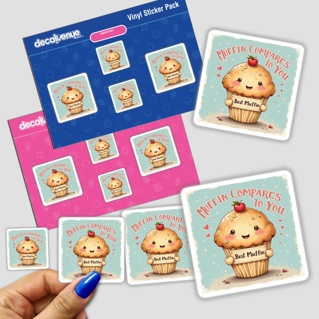 Sticker pack titled Muffin Compares to You, featuring kawaii cartoon cupcakes holding signs, ideal for muffin lovers and food fans. Available as stickers or digital artwork from Decal Venue.