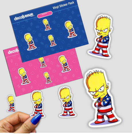 Cartoon stickers featuring A Funny Guy With An American Flag Outfit, showcasing various playful poses, available as stickers or digital artwork from Decal Venue.
