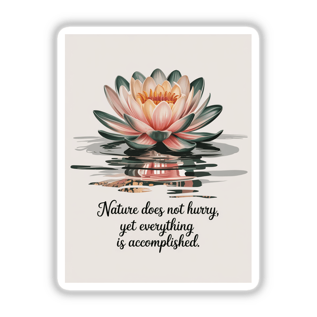 Nature Does Not Hurry Quote Sticker or Clipart with Commercial Rights - Lao Tzu Water Lily Design, featuring a detailed water lily illustration in water with an inspirational quote, available as stickers or digital artwork.