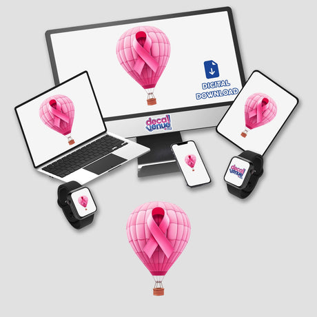Hot Air Balloon Pink Ribbon Breast Cancer design displayed on various devices including a laptop and tablet, available as stickers or digital artwork.