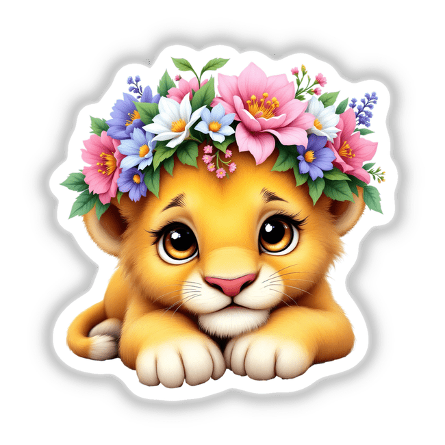 Majestic Lion Cub with a Blooming Flower Crown, depicted as a charming cartoon featuring a lion cub with a floral headpiece, ideal for stickers or digital artwork from Decal Venue.