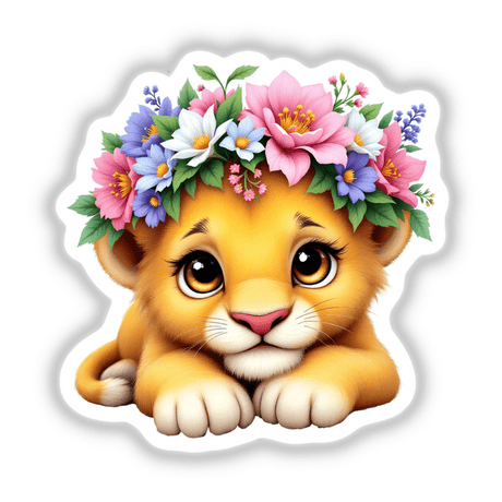 Majestic Lion Cub with a Blooming Flower Crown, depicted as a charming cartoon featuring a lion cub with a floral headpiece, ideal for stickers or digital artwork from Decal Venue.