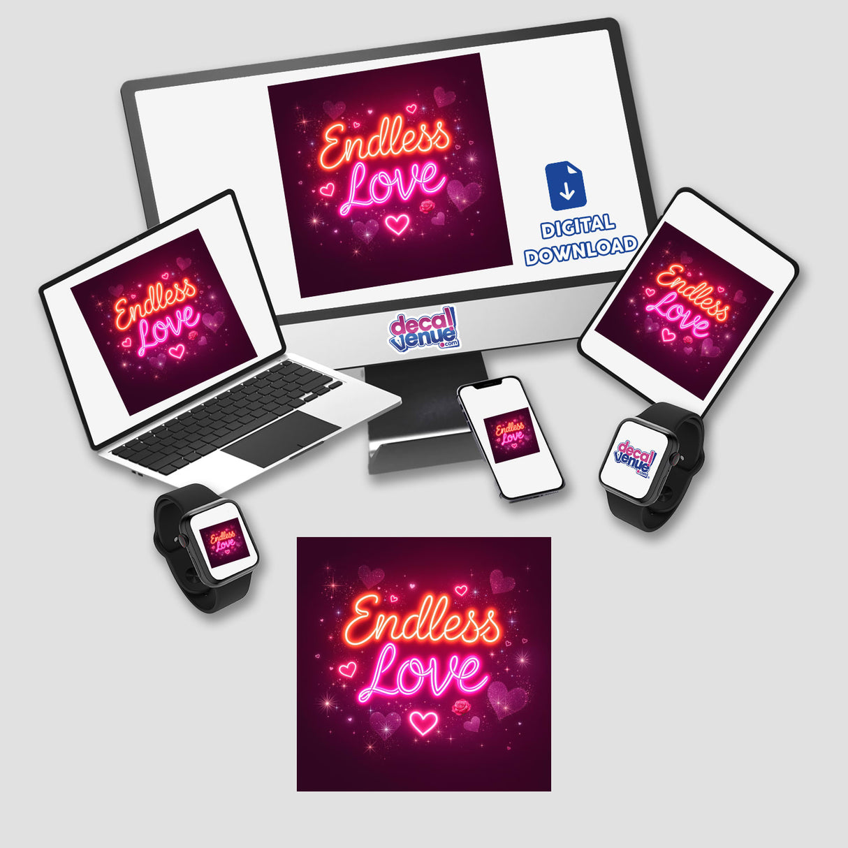 Endless Love Romantic Neon Display showcases a captivating neon sign with hearts and stars on a laptop screen, available as stickers or digital artwork, highlighting Decal Venue's unique offerings.