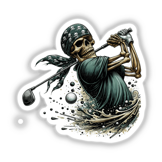 Bandana Skeleton Swinging Golf Club II: Illustration of a skeleton in a bandana, playing golf. Available as stickers or digital artwork.