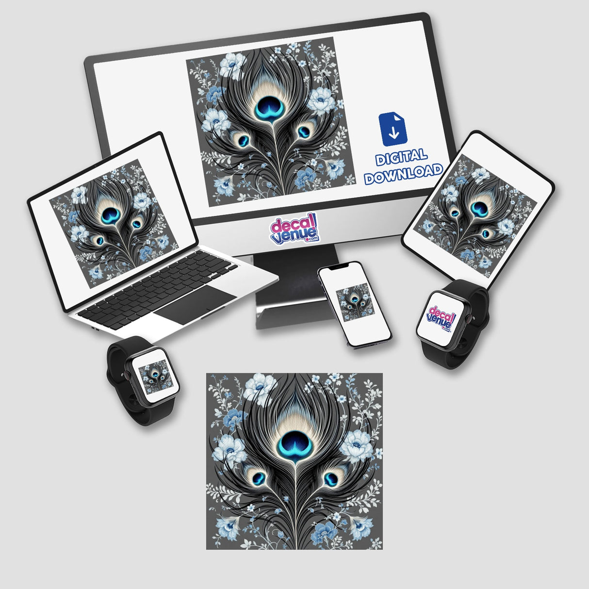 Chinoiserie Peacock Feather design displayed on a computer monitor, laptop, tablet, and phone, showcasing its adaptability as unique stickers or digital artwork from Decal Venue.