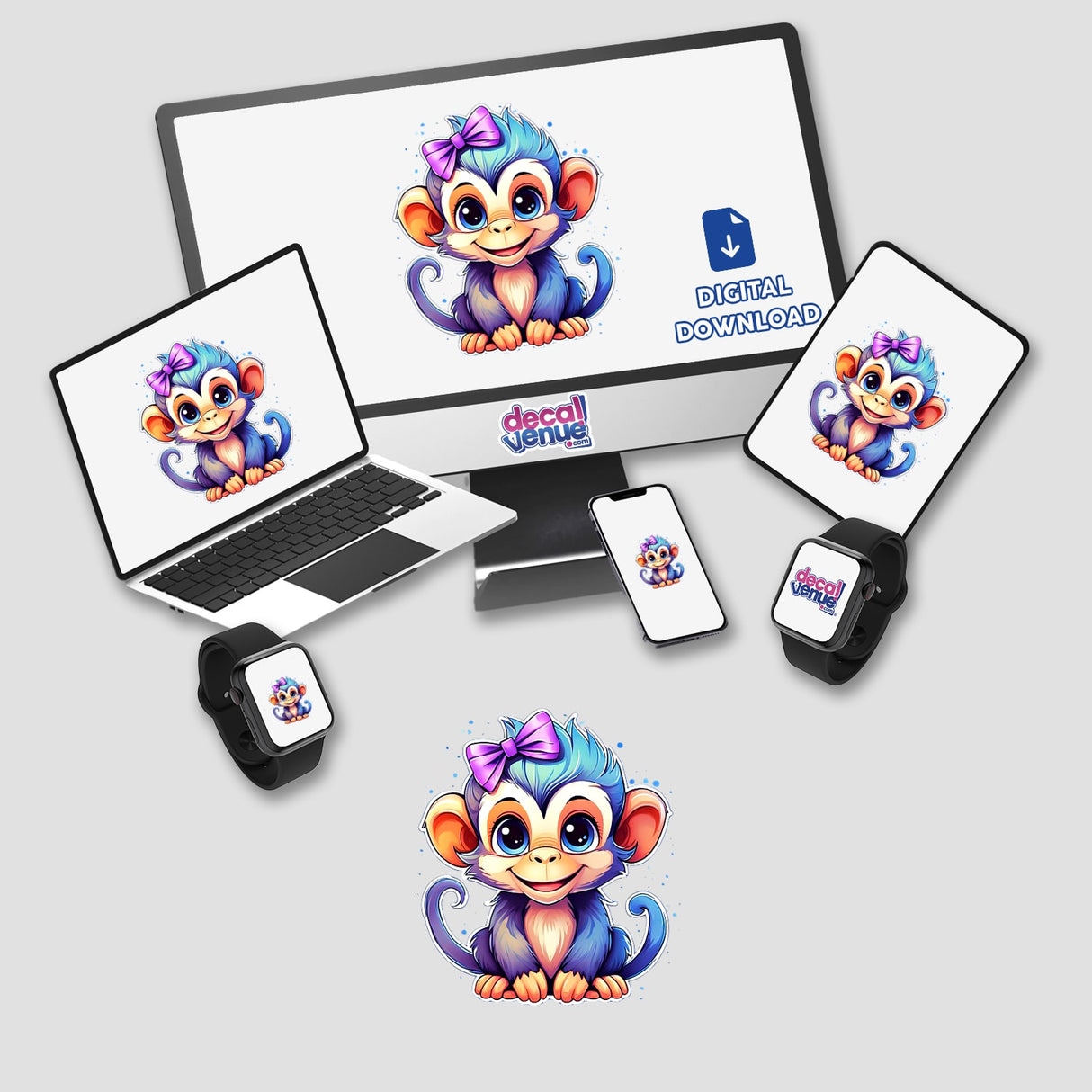 Computer monitor and laptop displaying baby monkey cartoons, available as stickers or digital artwork from Decal Venue.