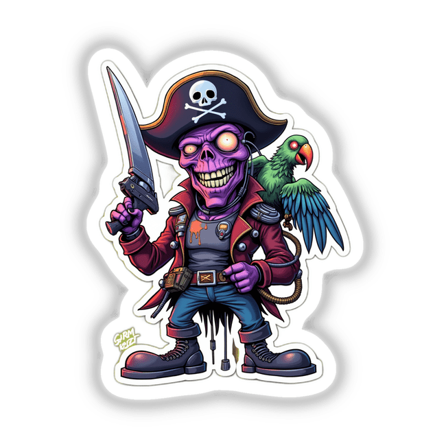 Pirata Caveira: Cartoon pirate with parrot on shoulder, pirate skull with hat, and crossbones. Available as stickers or digital artwork from Decal Venue.