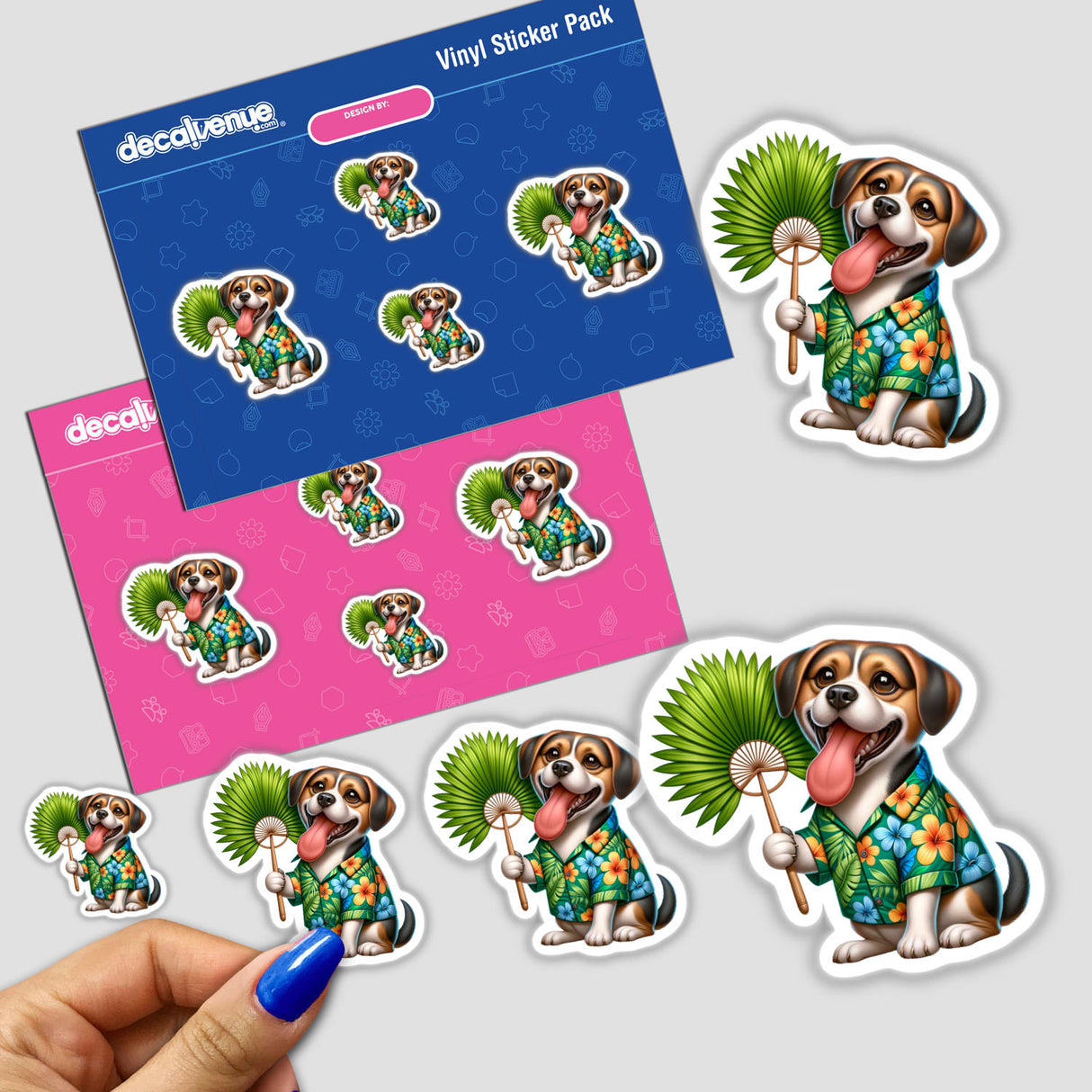 Dog in Hawaiian Shirt Holding Palm Leaf Fan