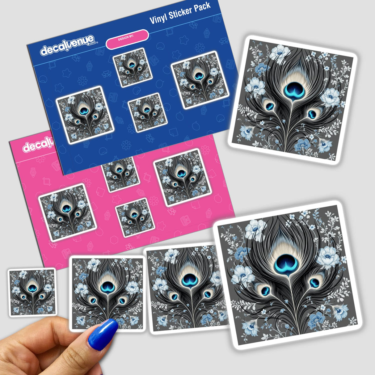 Chinoiserie Peacock Feather sticker pack held in hand, showcasing intricate peacock feather designs, available as stickers or digital artwork from Decal Venue's unique collection.