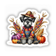 Watercolor Schnoodle Scarecrow Clipart featuring a dog in a straw hat and overalls with vegetables, available as a Fall Dog Sticker or Digital Download with Commercial Rights.