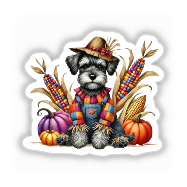 Watercolor Schnoodle Scarecrow Clipart featuring a dog in a straw hat and overalls with vegetables, available as a Fall Dog Sticker or Digital Download with Commercial Rights.