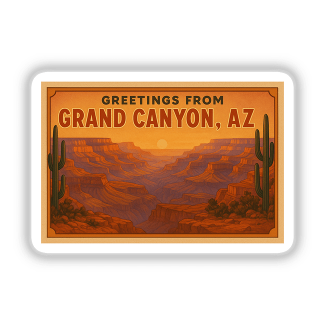 Greetings from Grand Canyon Postcard Sticker or Clipart featuring vintage desert art. Available as stickers or digital artwork, ideal for collectors and designers seeking unique commercial-use visuals.