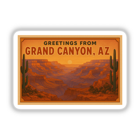 Greetings from Grand Canyon Postcard Sticker or Clipart featuring vintage desert art. Available as stickers or digital artwork, ideal for collectors and designers seeking unique commercial-use visuals.