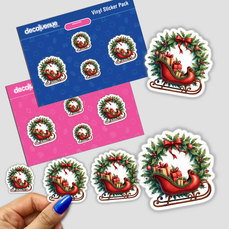 Vintage Sleigh with Presents in a Christmas Wreath sticker, featuring a hand holding the festive design, ideal for holiday crafts from DecalVenue's unique collection.