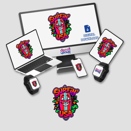 a laptop, phone, and other electronic devices with stickers on them