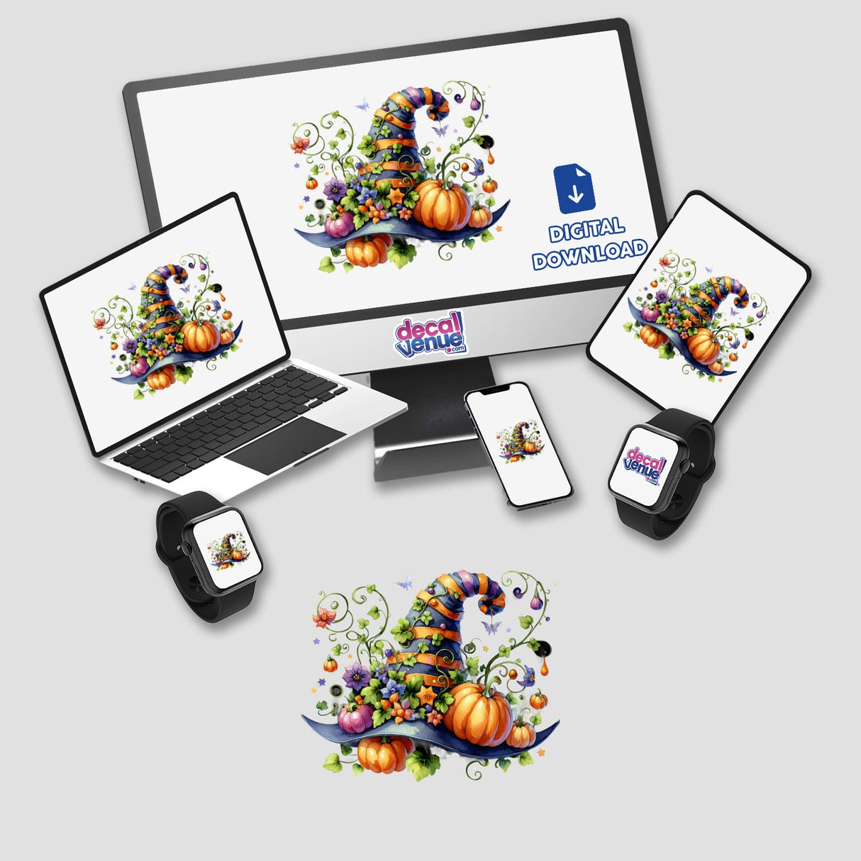 Halloween Hat with Pumpkins and Vines displayed on a computer monitor and laptop screen, highlighting its availability as stickers or digital artwork from Decal Venue.