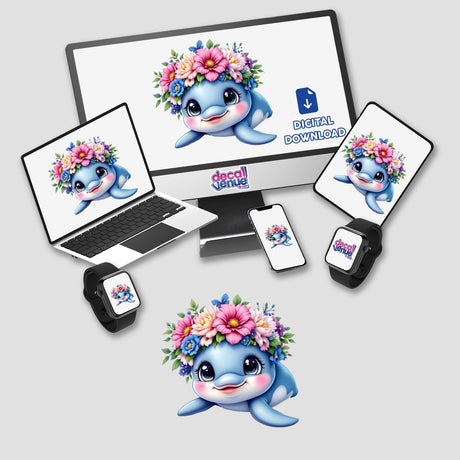 Happy Dolphin with a Flower Crown displayed on a computer and laptop screen, showcasing a whimsical design ideal for stickers or digital art, embodying oceanic joy and creativity.