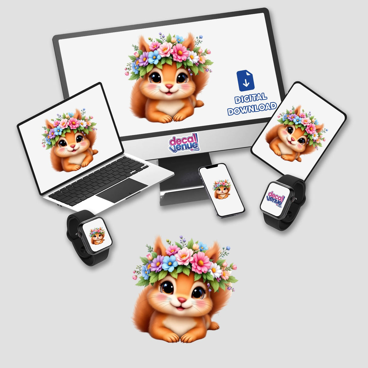 Charming Squirrel with a Flower Crown depicted across devices, showcasing whimsical digital art and stickers, perfect for personalizing spaces with playful, nature-inspired charm.