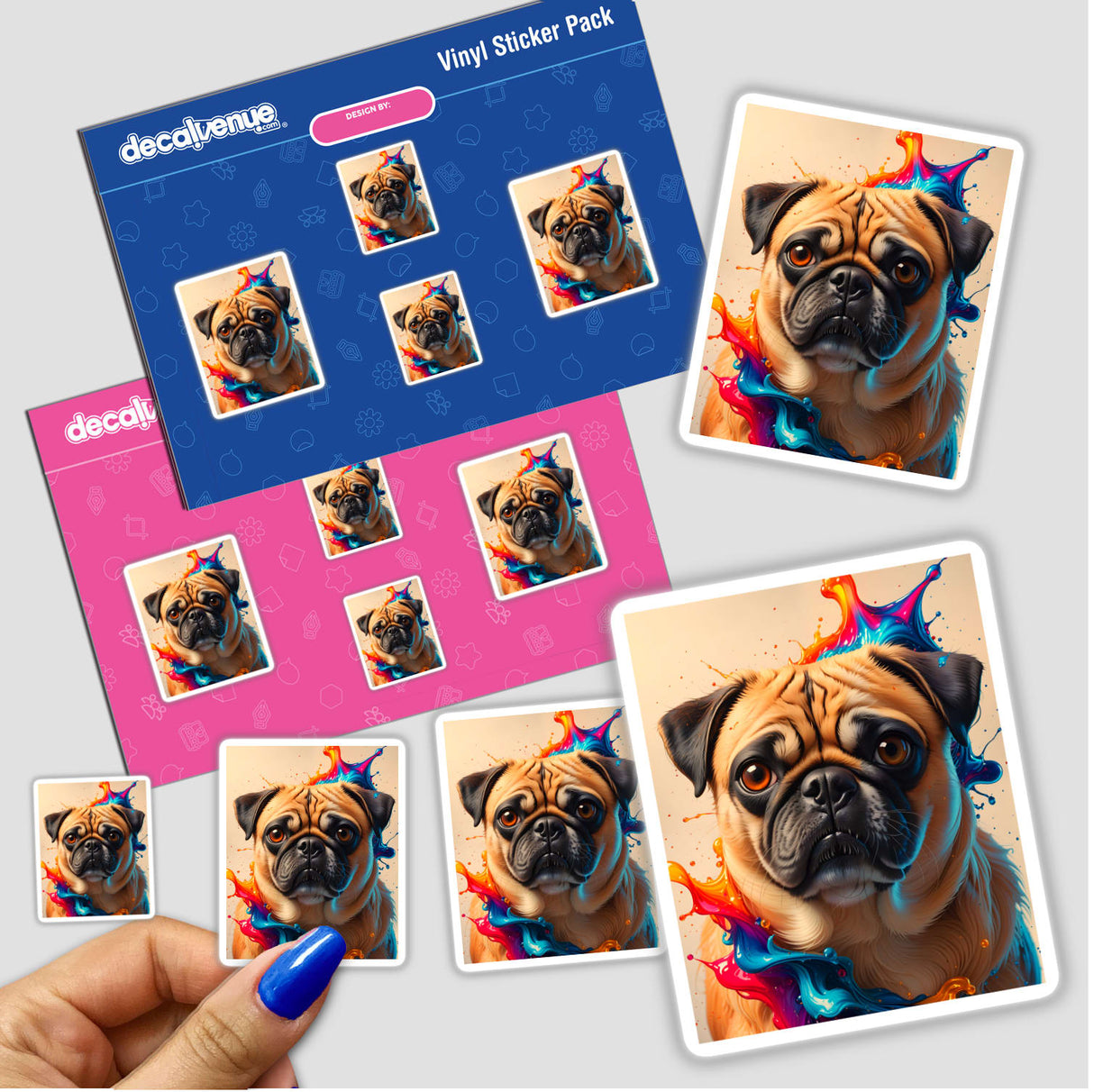Cute pug sticker featuring a dog portrait, showcasing paint splashes for an artistic touch. Ideal as a vinyl sticker or digital artwork, reflecting Decal Venue's unique art style.