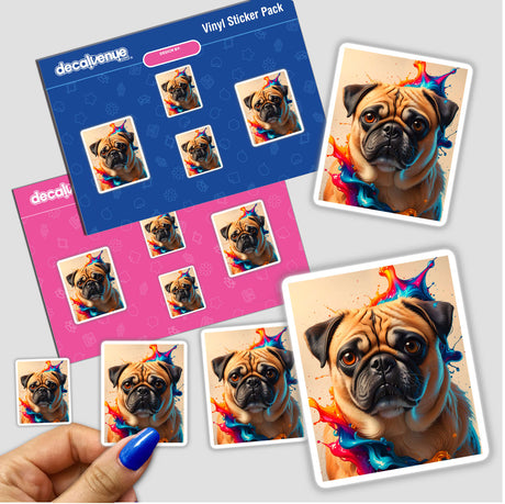 Cute pug sticker featuring a dog portrait, showcasing paint splashes for an artistic touch. Ideal as a vinyl sticker or digital artwork, reflecting Decal Venue's unique art style.