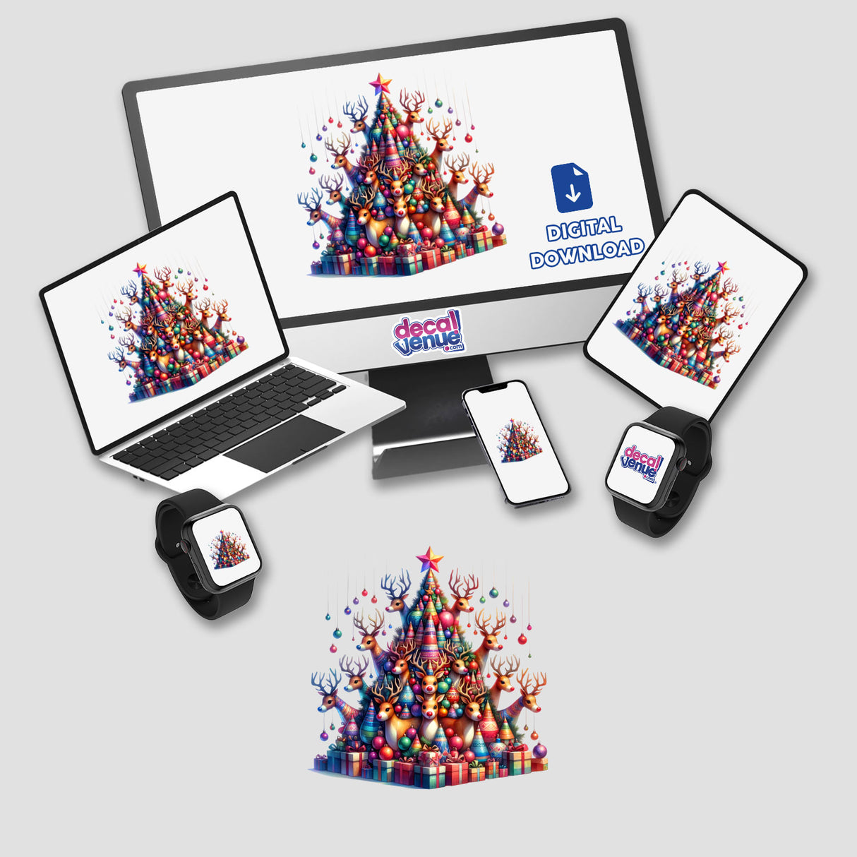 Reindeer Christmas Tree artwork displayed on a computer monitor and laptop, featuring a festive tree surrounded by gifts. Available as stickers or digital artwork from Decal Venue.