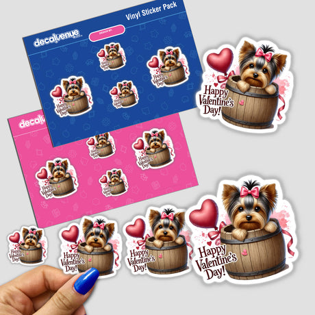 Valentines Yorkie Dog in Barrel stickers featuring adorable Yorkie dogs peeking from barrels, available as stickers or digital artwork, highlighting the charm of Decal Venue's unique creations.