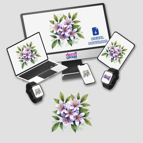 Elegant Citrus Blossom Clipart – Pale Purple Floral Design with Blank Space for Quotes displayed on a computer monitor and laptop, highlighting digital artwork of purple flowers and green leaves.