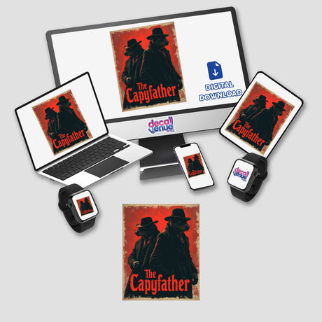 The Capyfather Sticker or Clipart with Commercial Rights features a humorous capybara mafia design, ideal for stickers or digital artwork, showcasing unique appeal typical of Decal Venue's offerings.