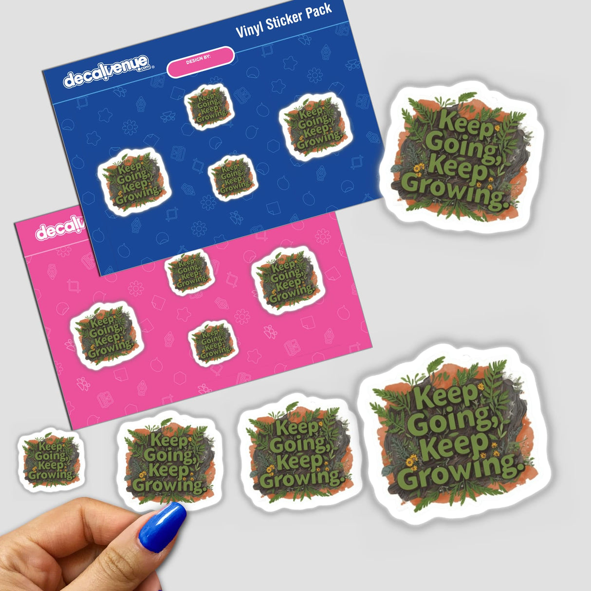 Hand holding the Keep Going, Keep Growing Positive Affirmation Sticker with green text, showcasing mental health clipart available as stickers or digital artwork for commercial use.