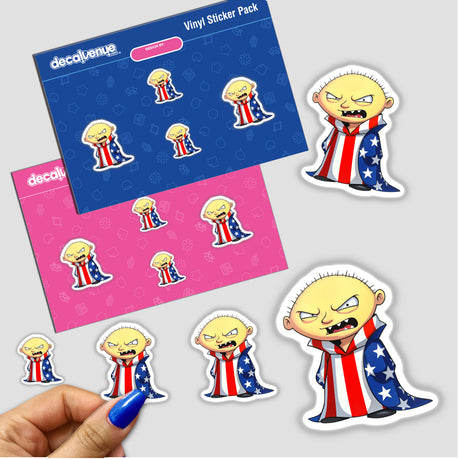 Funny Guy With An American Flag sticker features a cartoon man in a red, white, and blue robe, available as unique vinyl stickers or digital artwork from Decal Venue.