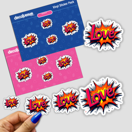Love Valentine's Day sticker pack featuring vibrant graphics and playful text designs, perfect for adding a unique touch to your collection or digital artwork.