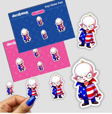 Stickers featuring a cartoon character, A Funny Guy With An American Flag Outfit, showcasing unique designs. Available as vinyl stickers or digital artwork from Decal Venue.