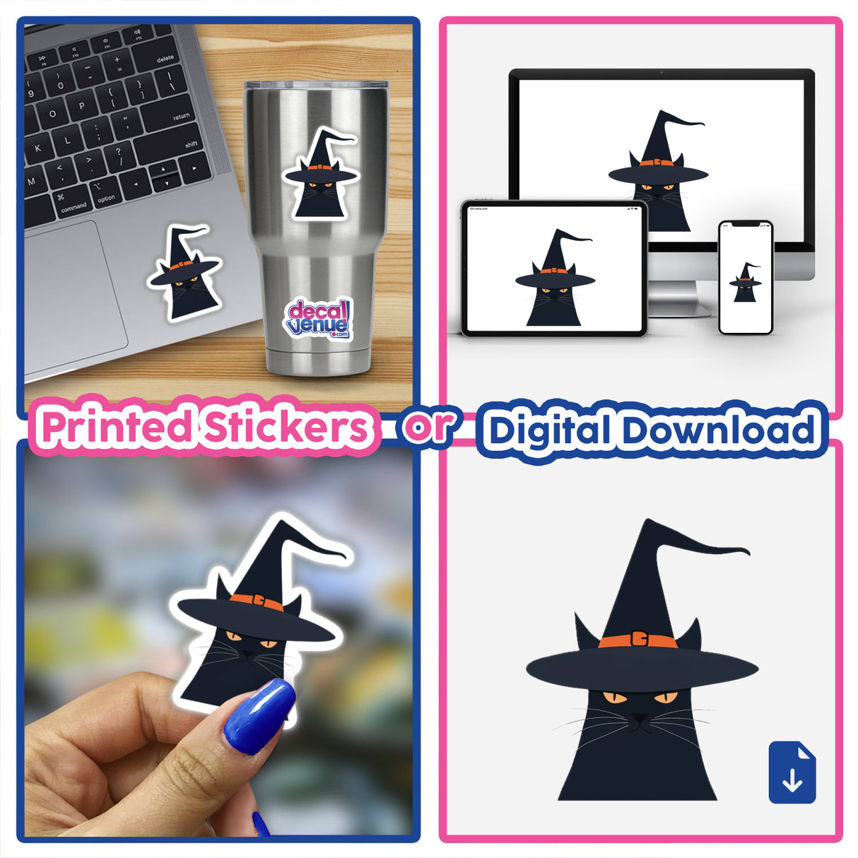 Collage featuring a Halloween Black Cat in Witch Hat sticker on laptops, cups, and more, showcasing its versatility as part of Decal Venue's unique sticker and digital art collection.