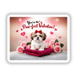 Shih Tzu Sticker and Clipart featuring a cute dog with a bow, sitting on a pillow with hearts and roses, ideal for Valentine’s Day. Available as stickers or digital artwork.