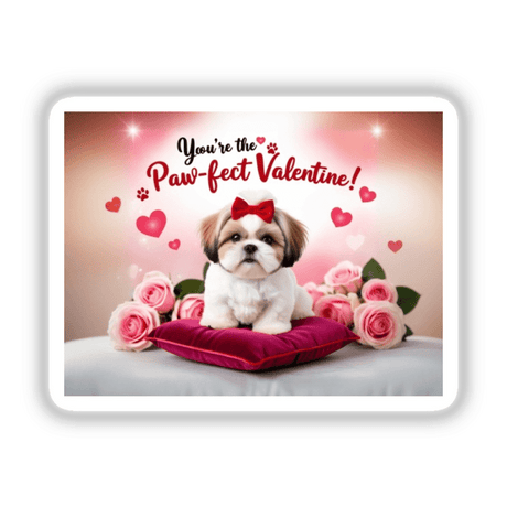 Shih Tzu Sticker and Clipart featuring a cute dog with a bow, sitting on a pillow with hearts and roses, ideal for Valentine’s Day. Available as stickers or digital artwork.