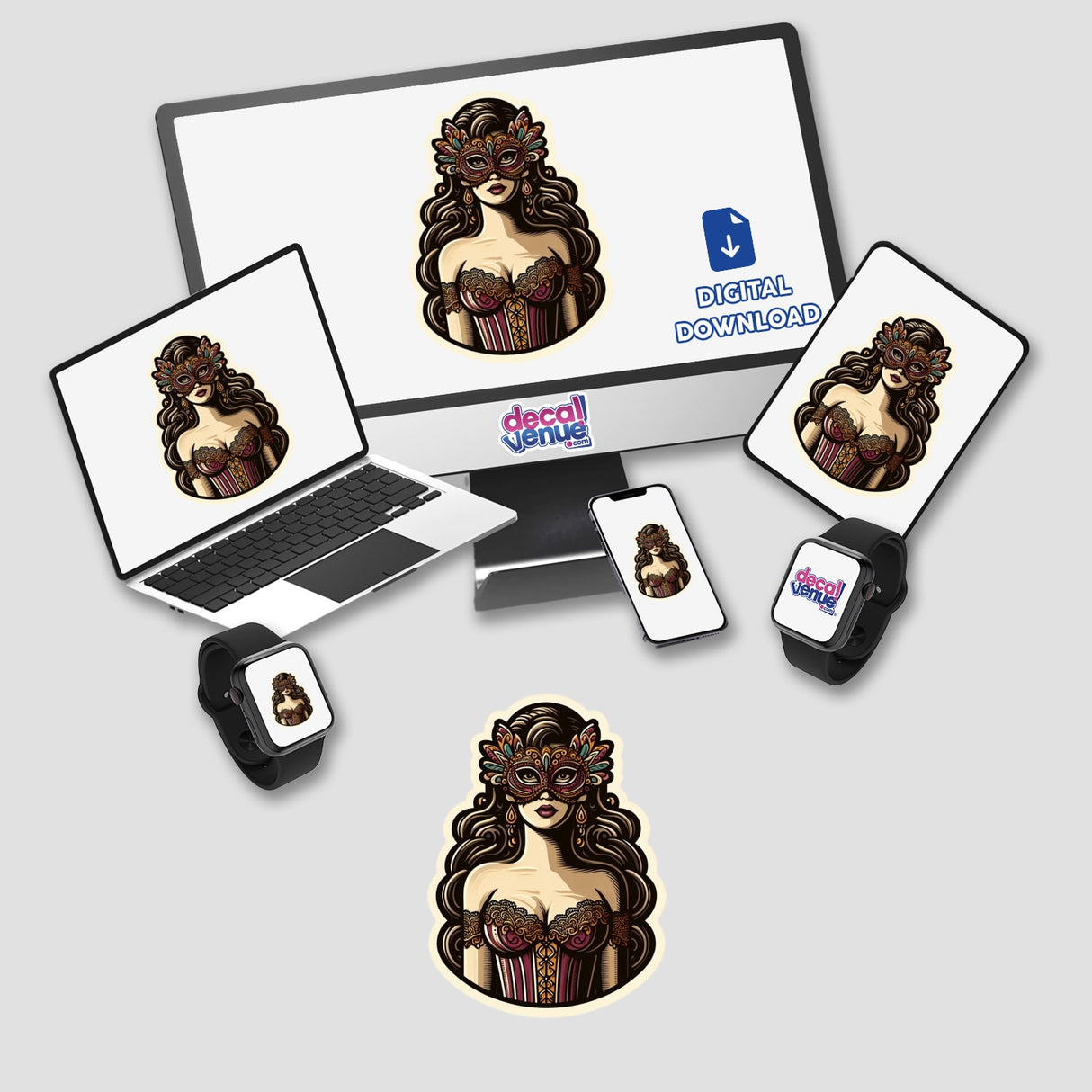 Masked woman featured on various devices, including a laptop, computer monitor, tablet, phone, and smartwatch, available as stickers or digital artwork.