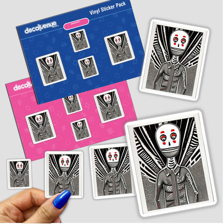 Skeleton character sticker pack featuring a detailed skeleton cartoon, held by a hand, available as stickers or digital artwork.