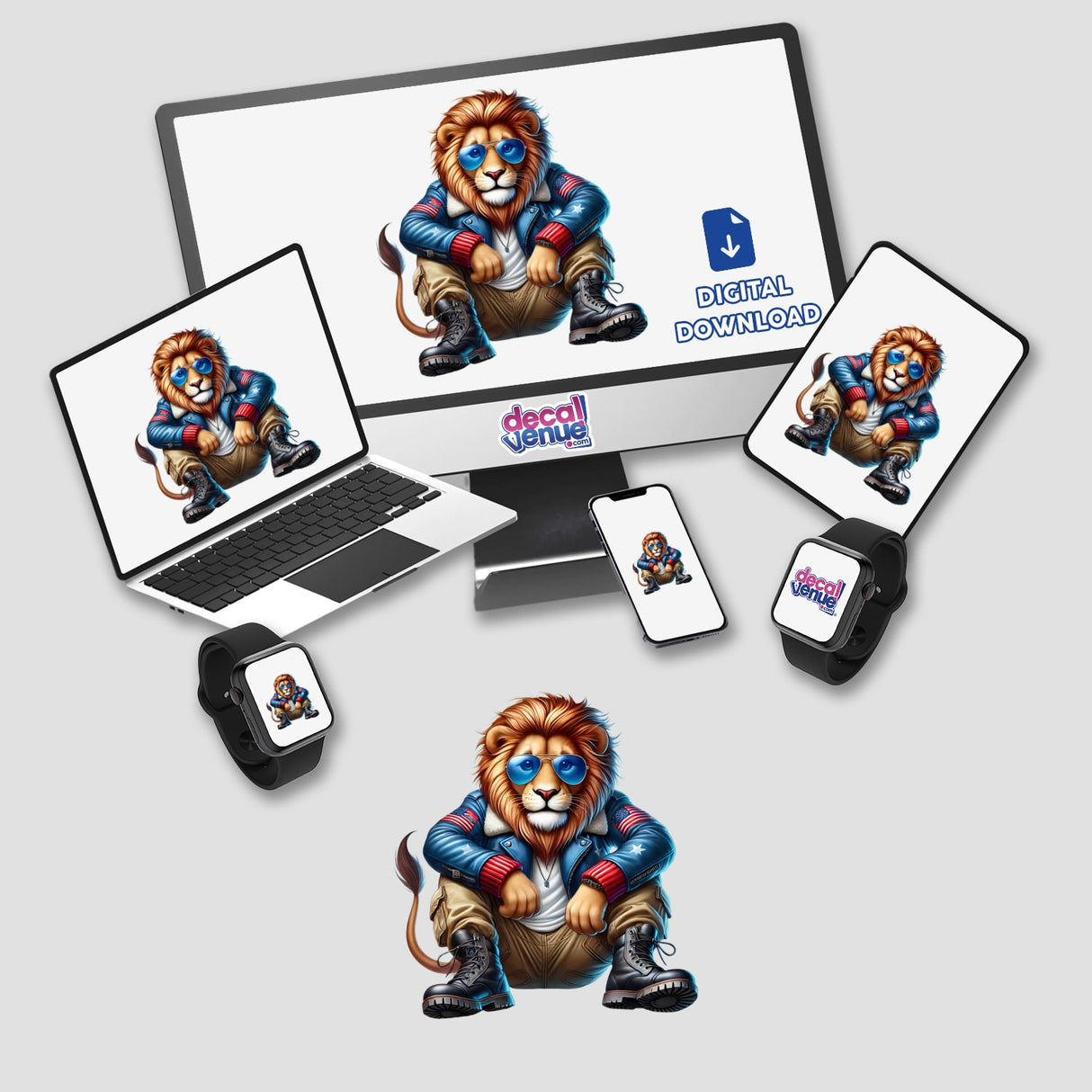 Patriotic Leather Lion Aviator Sunglasses on a cartoon lion displayed on various devices including a laptop, monitor, cellphone, and smartwatch, available as stickers or digital artwork.