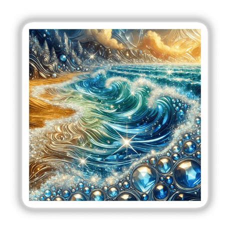 Crystal Waters - An Ocean of Shimmering Gemstones: A vibrant painting depicting a beach and water, available as stickers or digital artwork, emphasizing colorful fractal designs and aqua hues.