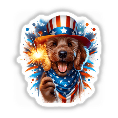 Joyful patriotic pup - Adorable goldendoodle dog holding sparkler, wearing American flag-themed hat with patriotic backdrop